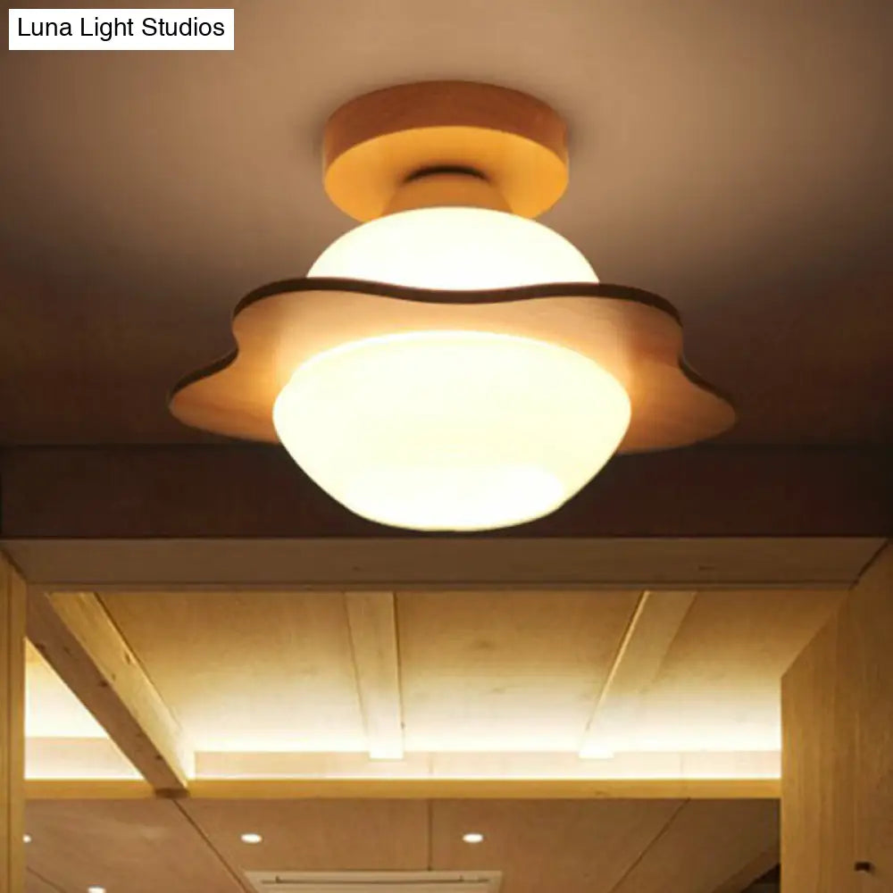 DecorBites™ DecorBites™ Nordic Wood Semi Flush Mount Ceiling Fixture: Cream Glass Flower Corridor Lighting with 1-Light