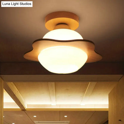 DecorBites™ DecorBites™ Nordic Wood Semi Flush Mount Ceiling Fixture: Cream Glass Flower Corridor Lighting with 1-Light