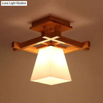 DecorBites™ DecorBites™ Nordic Wood Trapezoidal Ceiling Light: Single-Bulb Semi Flush Mount with White Glass - Perfect for Foyer