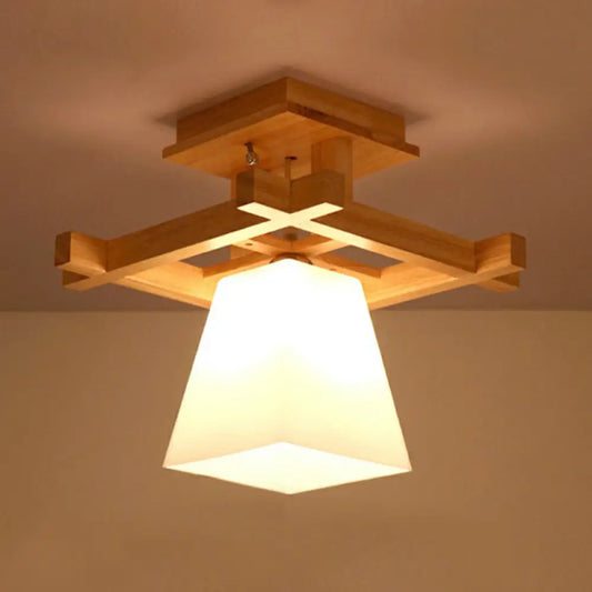 DecorBites™ DecorBites™ Nordic Wood Trapezoidal Ceiling Light: Single-Bulb Semi Flush Mount with White Glass - Perfect for Foyer