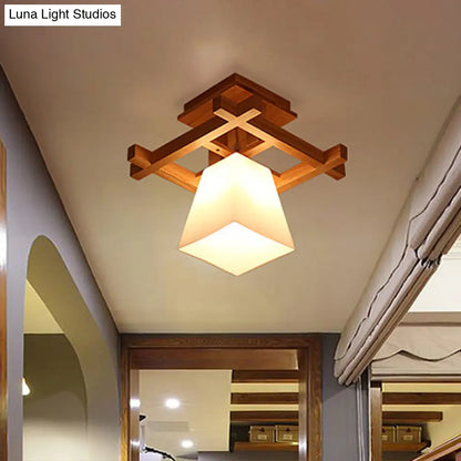 DecorBites™ DecorBites™ Nordic Wood Trapezoidal Ceiling Light: Single-Bulb Semi Flush Mount with White Glass - Perfect for Foyer