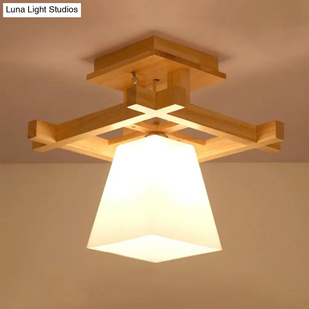 DecorBites™ DecorBites™ Nordic Wood Trapezoidal Ceiling Light: Single-Bulb Semi Flush Mount with White Glass - Perfect for Foyer