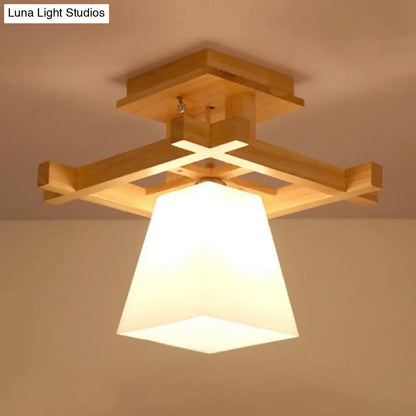 DecorBites™ DecorBites™ Nordic Wood Trapezoidal Ceiling Light: Single-Bulb Semi Flush Mount with White Glass - Perfect for Foyer