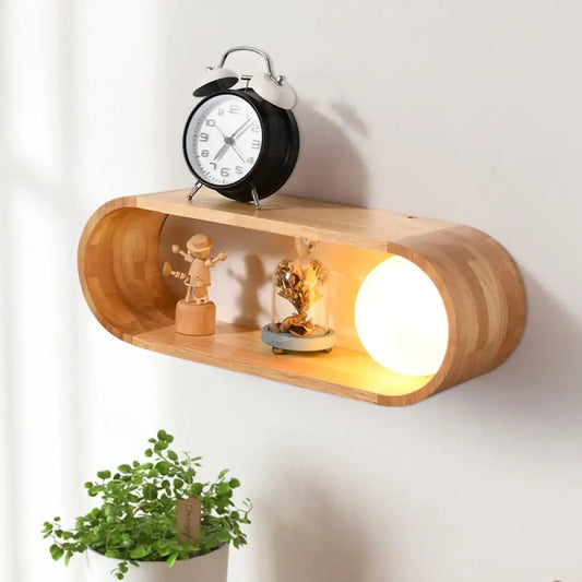 Nordic wood wall lamp with lighted wooden curved shelf and warm glow fixture for cozy bedroom lighting