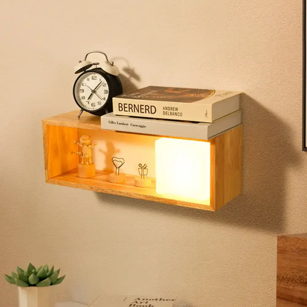 Nordic wood wall lamp with shelf featuring light type bulb base emits warm glow displaying books and decorative items