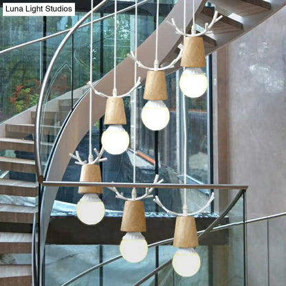 Nordic Wooden Antler Pendant Light with Bare Bulb Design – Ideal for Stairs and Ceilings