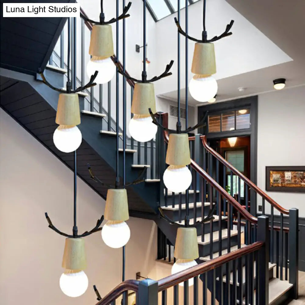 Nordic Wooden Antler Pendant Light with Bare Bulb Design – Ideal for Stairs and Ceilings