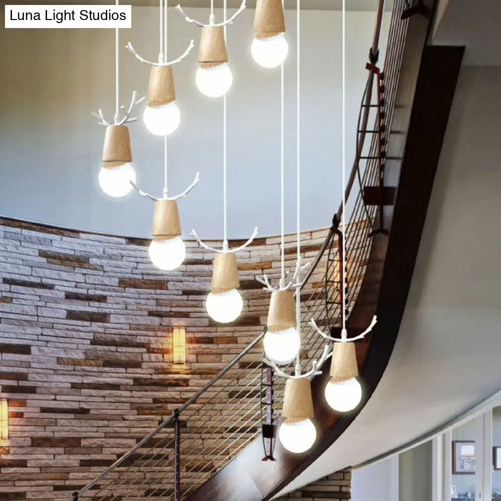 Nordic Wooden Antler Pendant Light with Bare Bulb Design – Ideal for Stairs and Ceilings