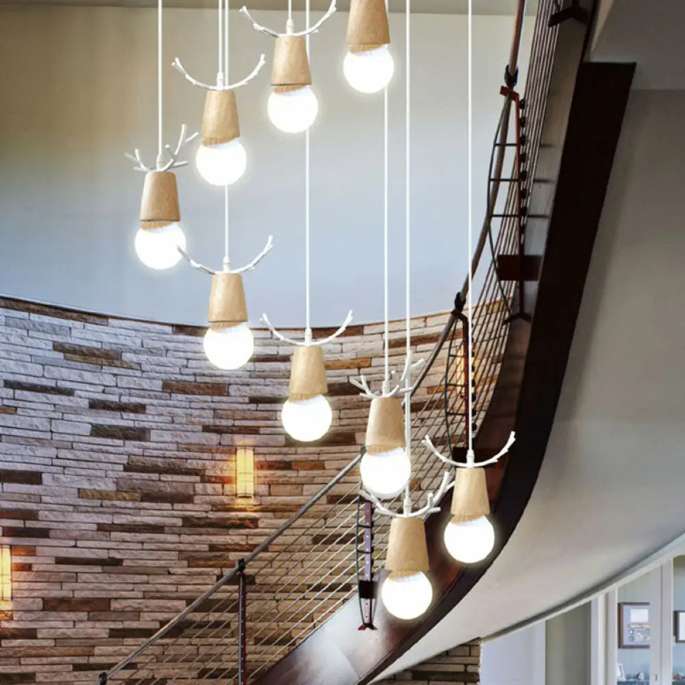 Nordic Wooden Antler Pendant Light with Bare Bulb Design – Ideal for Stairs and Ceilings