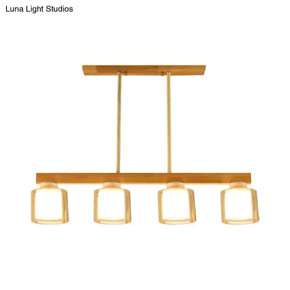 DecorBites nordic wooden linear pendant light with warm bamboo frame and four frosted glass shades suspended by brass rods