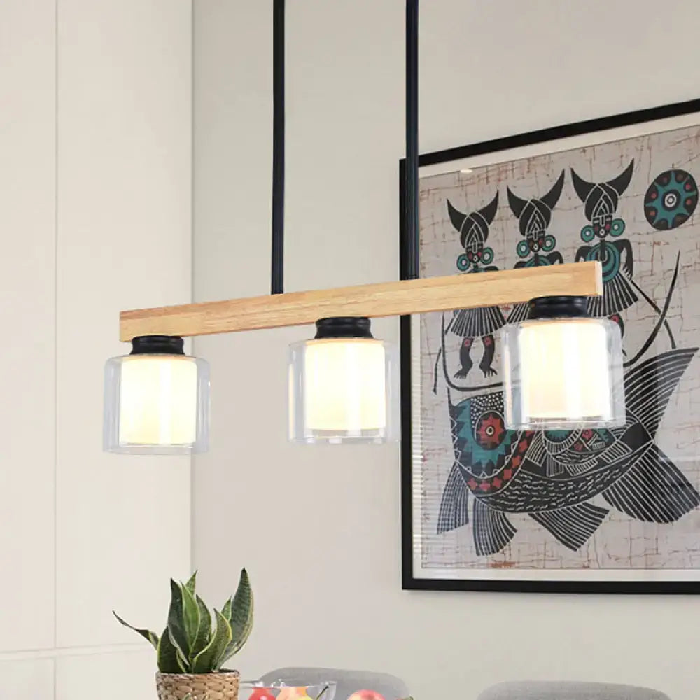 DecorBites™ Nordic wooden linear pendant light with natural wood bar and double clear glass cylinder shades in white