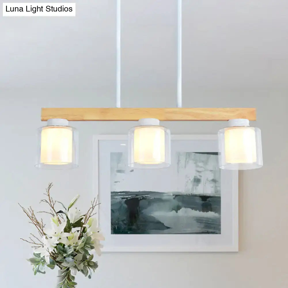 DecorBites Nordic wooden linear pendant light with white double glass cylinder shades for restaurant island lighting