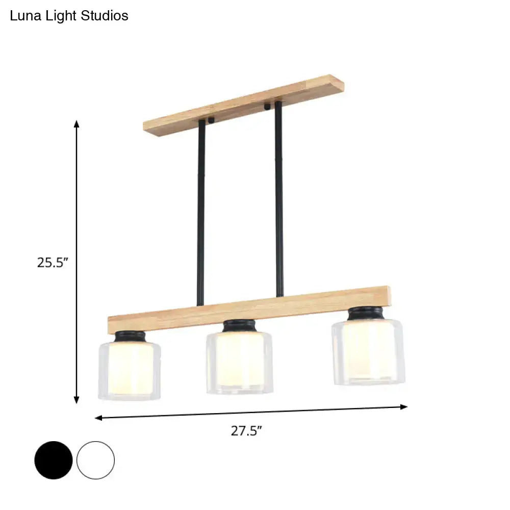DecorBites™ nordic wooden linear pendant light with natural wood frame black metal rods and three clear glass shades