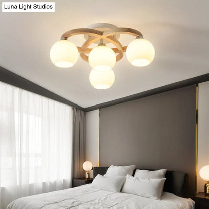 Nordic Wooden Semi Flush Bedroom Ceiling Lamp with Milk Glass Shade