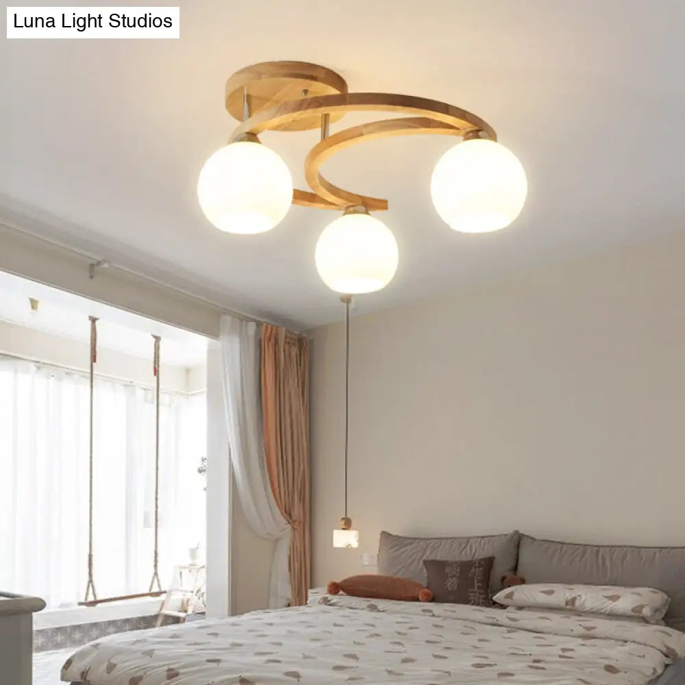 Nordic Wooden Semi Flush Bedroom Ceiling Lamp with Milk Glass Shade