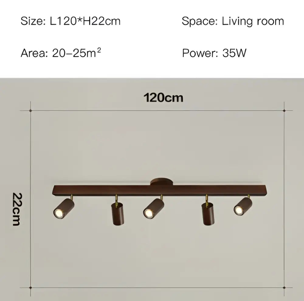 Brown metal nordic woodentrack led ceiling spotlight with five adjustable spotlights for living room lighting