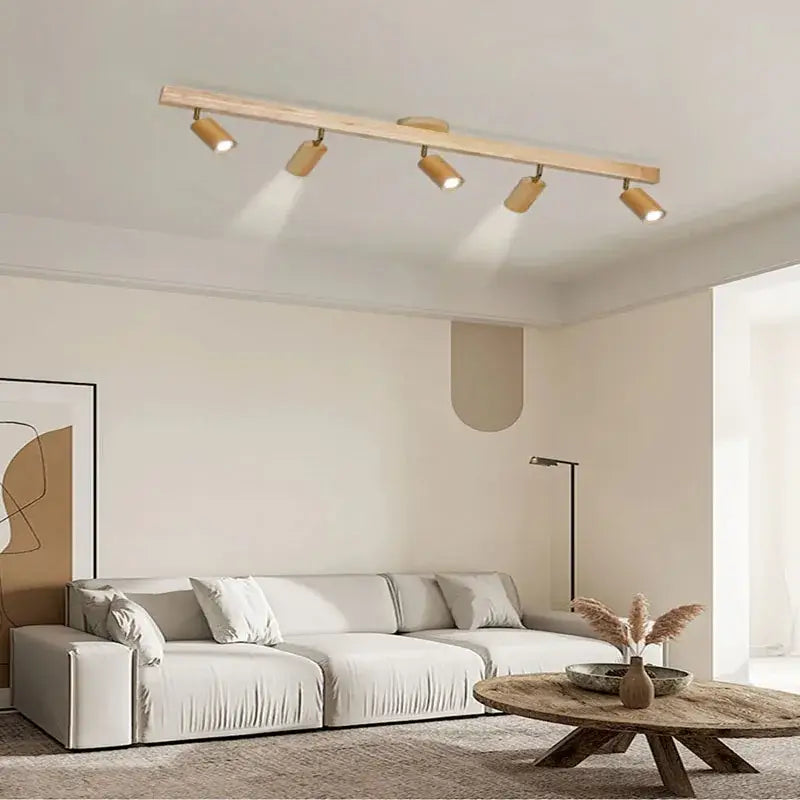 Nordic woodentrack led ceiling spotlight in light wood finish with five adjustable spotlights for living room lighting