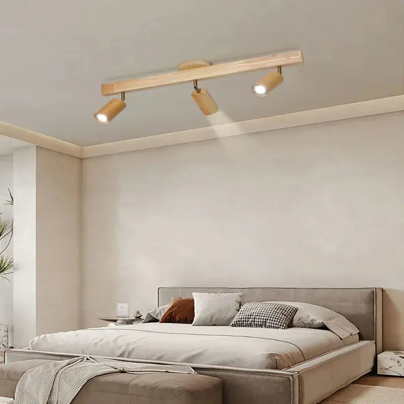 Nordic woodentrack led wood finished ceiling spotlight with three adjustable spotlights for living room lighting