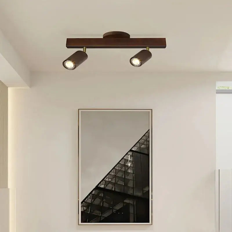 Dark wood finish nordic woodentrack led ceiling spotlight with two adjustable spotlights for living room lighting