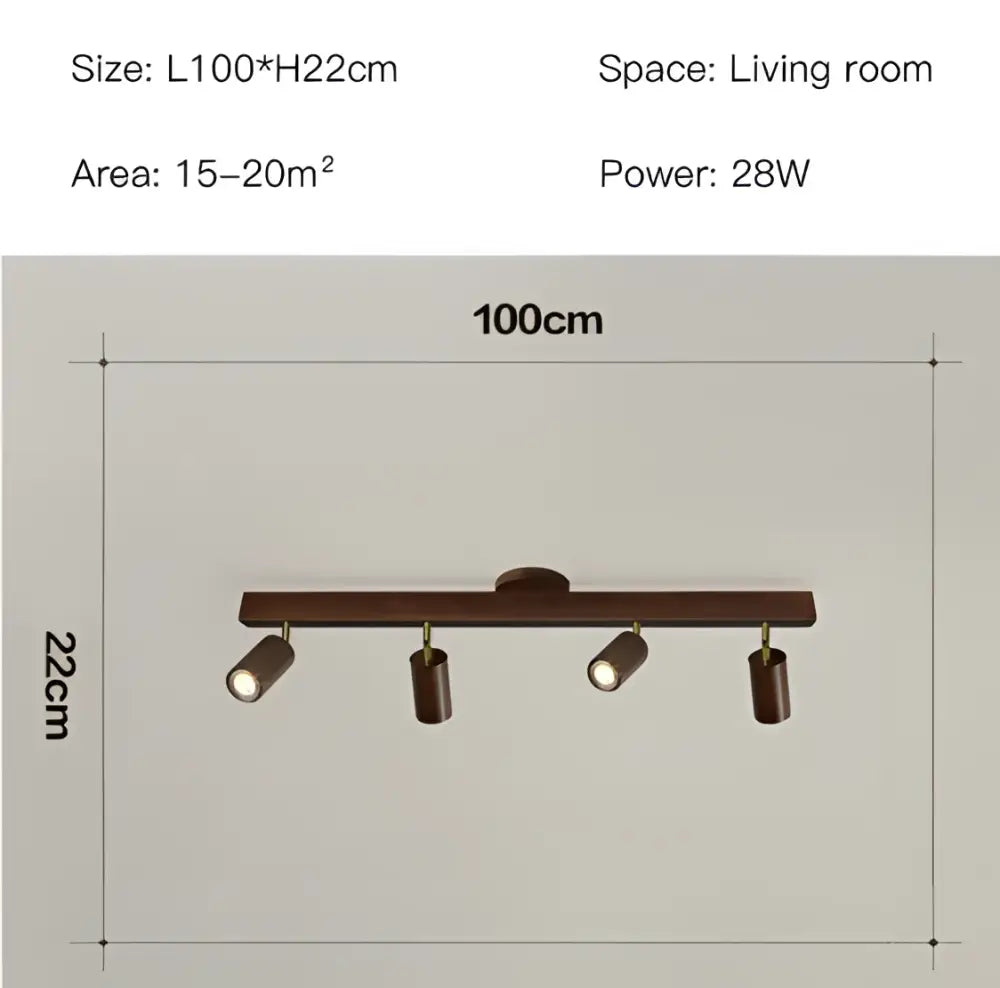 Brown wooden nordic woodentrack led ceiling spotlight with four adjustable spotlights for living room lighting