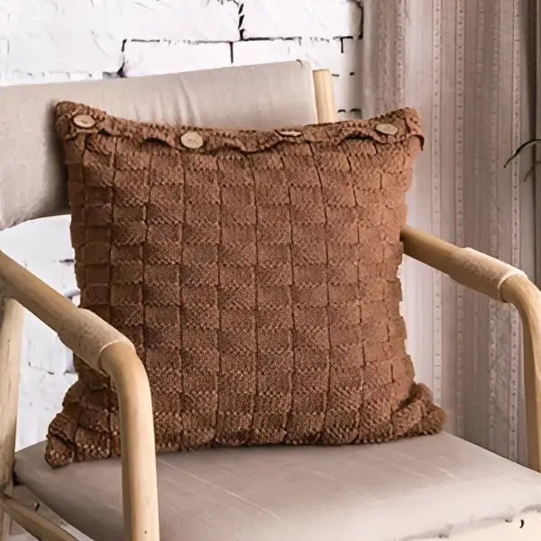 Brown woven knit pillow cover with three wooden buttons along top edge decorbites knit pillow for living room