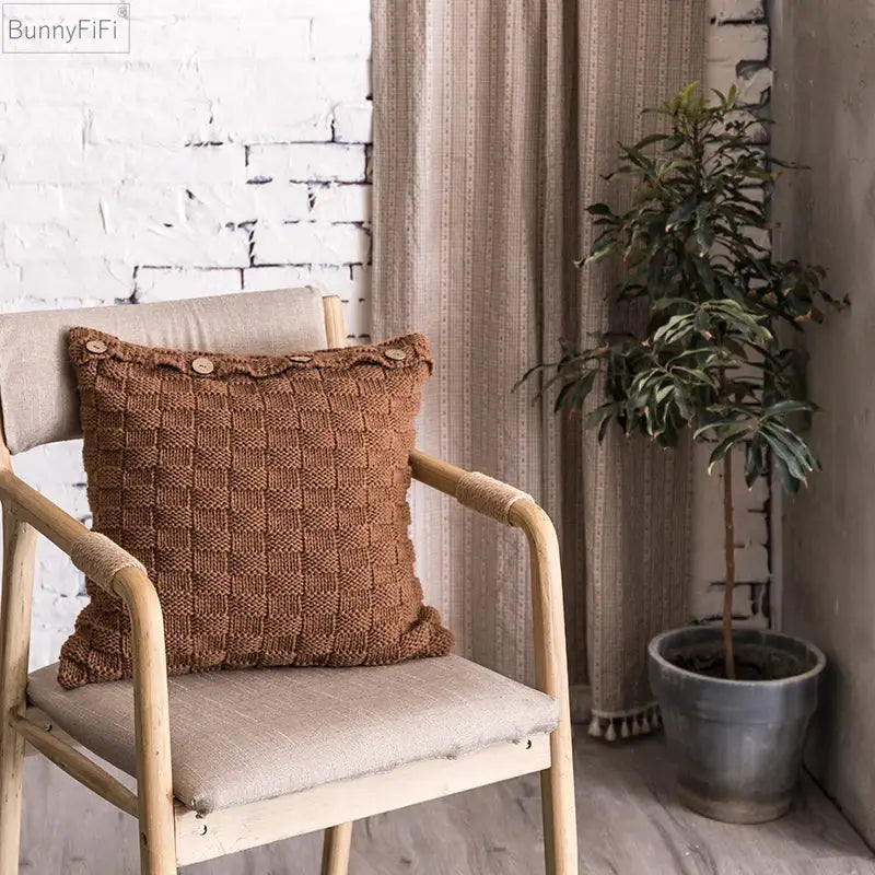 Brown knitted cushion cover with woven checkered pattern and button closure for living room decorbites knit pillow cover