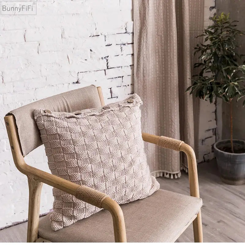 Beige nordic woven decorbites knit pillow cover with button closure and checkered pattern cushion cover for living room