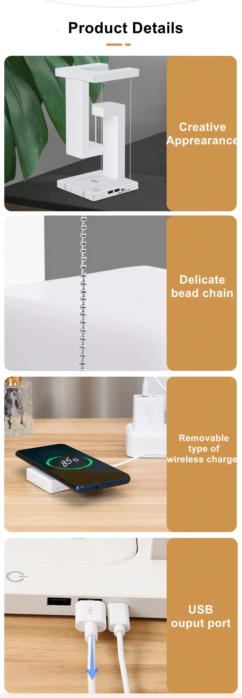 Novelty floating lamp with 10 W detachable wireless charger decorative light for bedroom/office - 0-5W