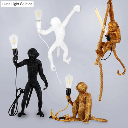 Novelty Lodge Pendant Light with Resin Monkey Pendulum - 1 Head, Gold/Black/White - Ideal for Restaurants - Rope Cord