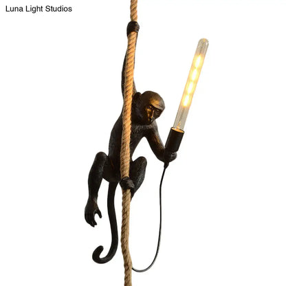 Novelty Lodge Pendant Light with Resin Monkey Pendulum - 1 Head, Gold/Black/White - Ideal for Restaurants - Rope Cord