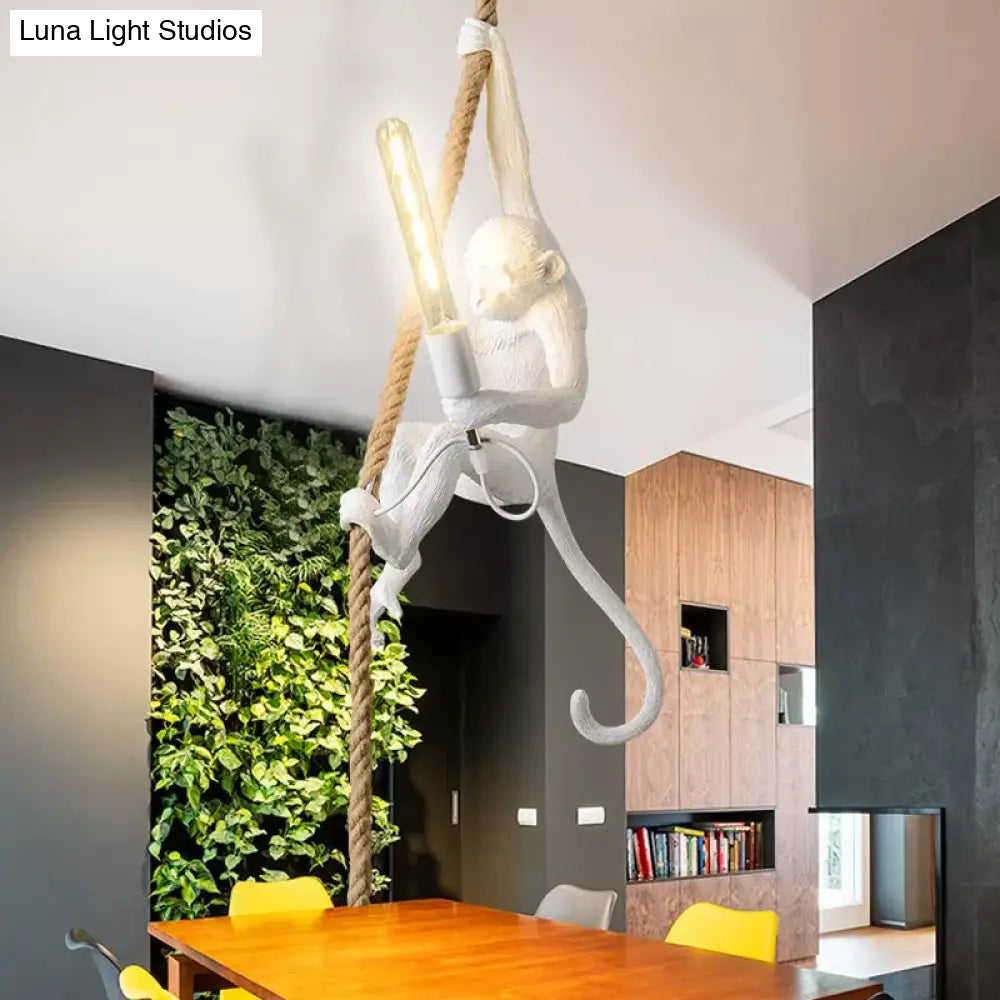 Novelty Lodge Pendant Light with Resin Monkey Pendulum - 1 Head, Gold/Black/White - Ideal for Restaurants - Rope Cord