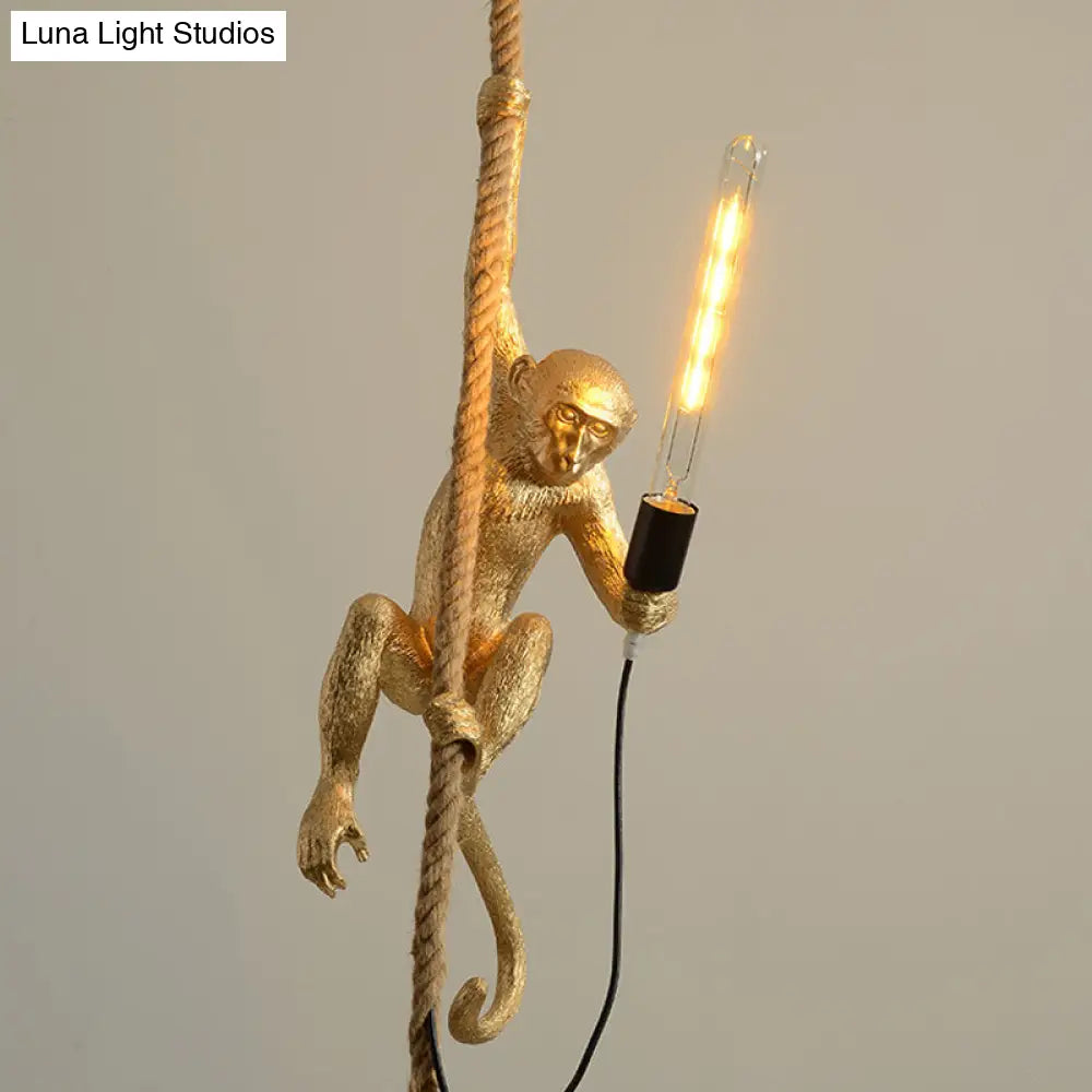 Novelty Lodge Pendant Light with Resin Monkey Pendulum - 1 Head, Gold/Black/White - Ideal for Restaurants - Rope Cord