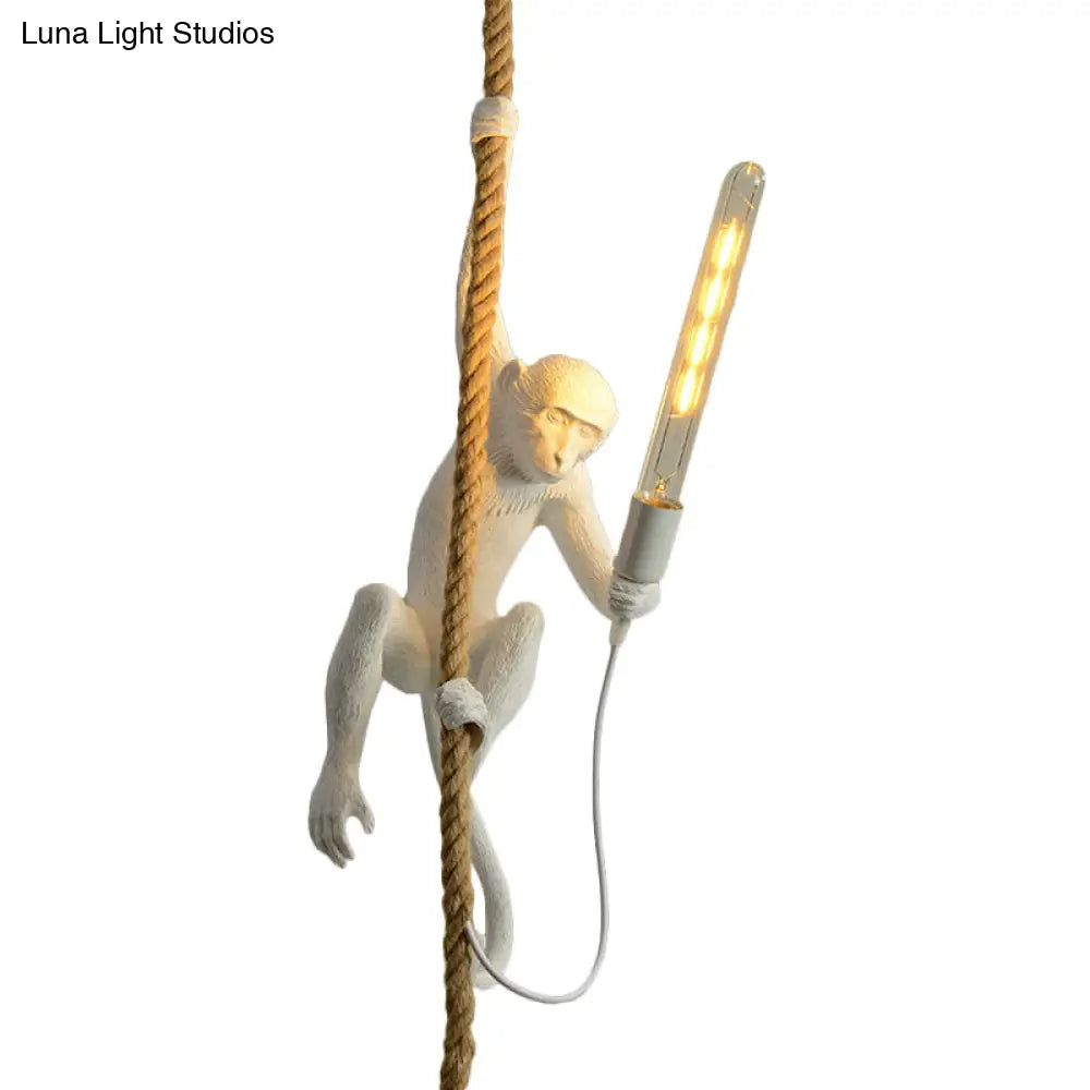 Novelty Lodge Pendant Light with Resin Monkey Pendulum - 1 Head, Gold/Black/White - Ideal for Restaurants - Rope Cord