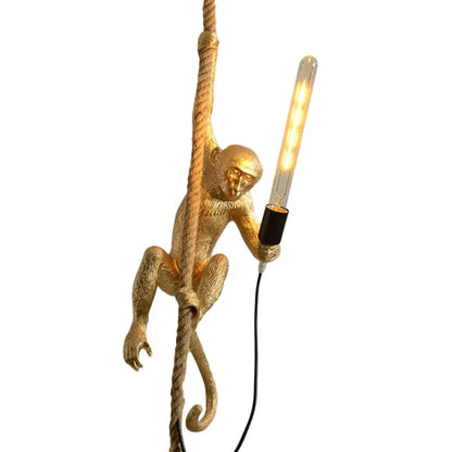 Novelty Lodge Pendant Light with Resin Monkey Pendulum - 1 Head, Gold/Black/White - Ideal for Restaurants - Rope Cord