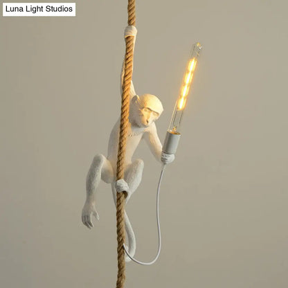 Novelty Lodge Pendant Light with Resin Monkey Pendulum - 1 Head, Gold/Black/White - Ideal for Restaurants - Rope Cord