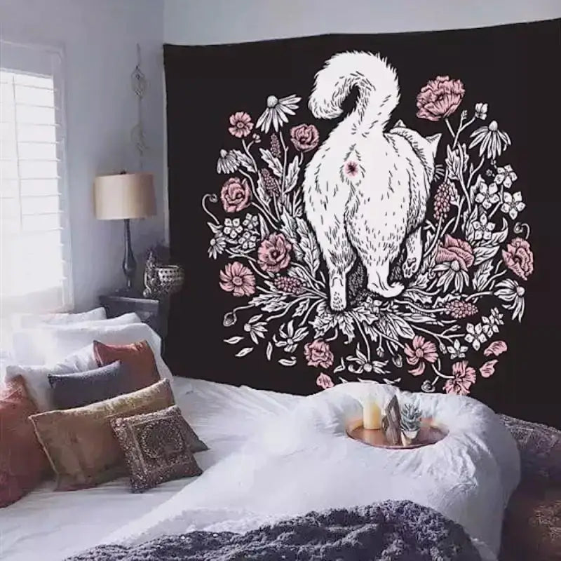 Occult black cat coven tapestry featuring a white illustrated cat with pink and white floral designs for bedroom wall art