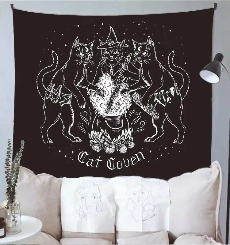 Black cat coven tapestry with white line-art of three cats around cauldron for mysterious bedroom wall art