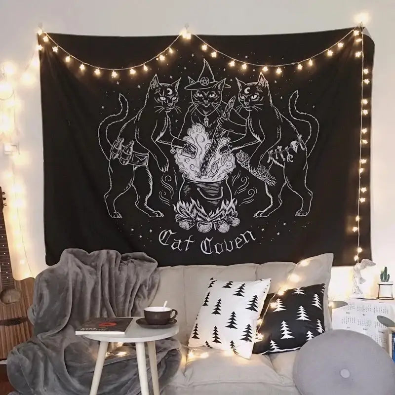 Occult black cat coven tapestry with white line-art cats around cauldron and string lights for bedroom wall art