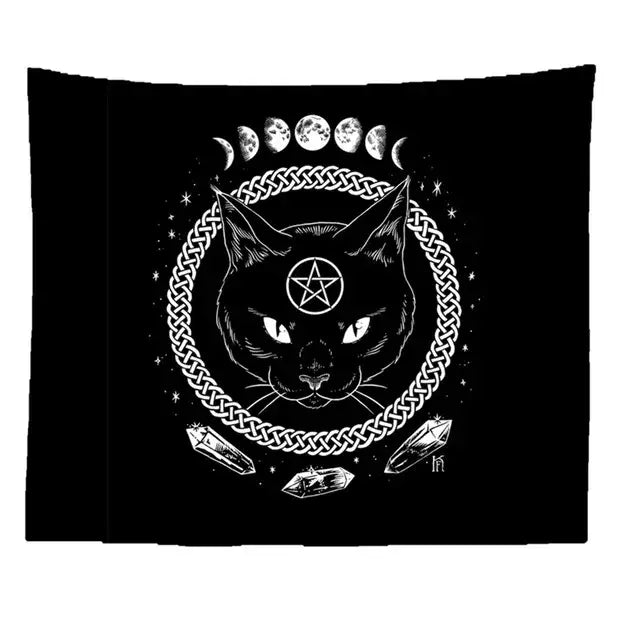 Black tapestry with white line-art cat coven face glowing eyes celtic knot moon phases crystal shapes bedroom wall art