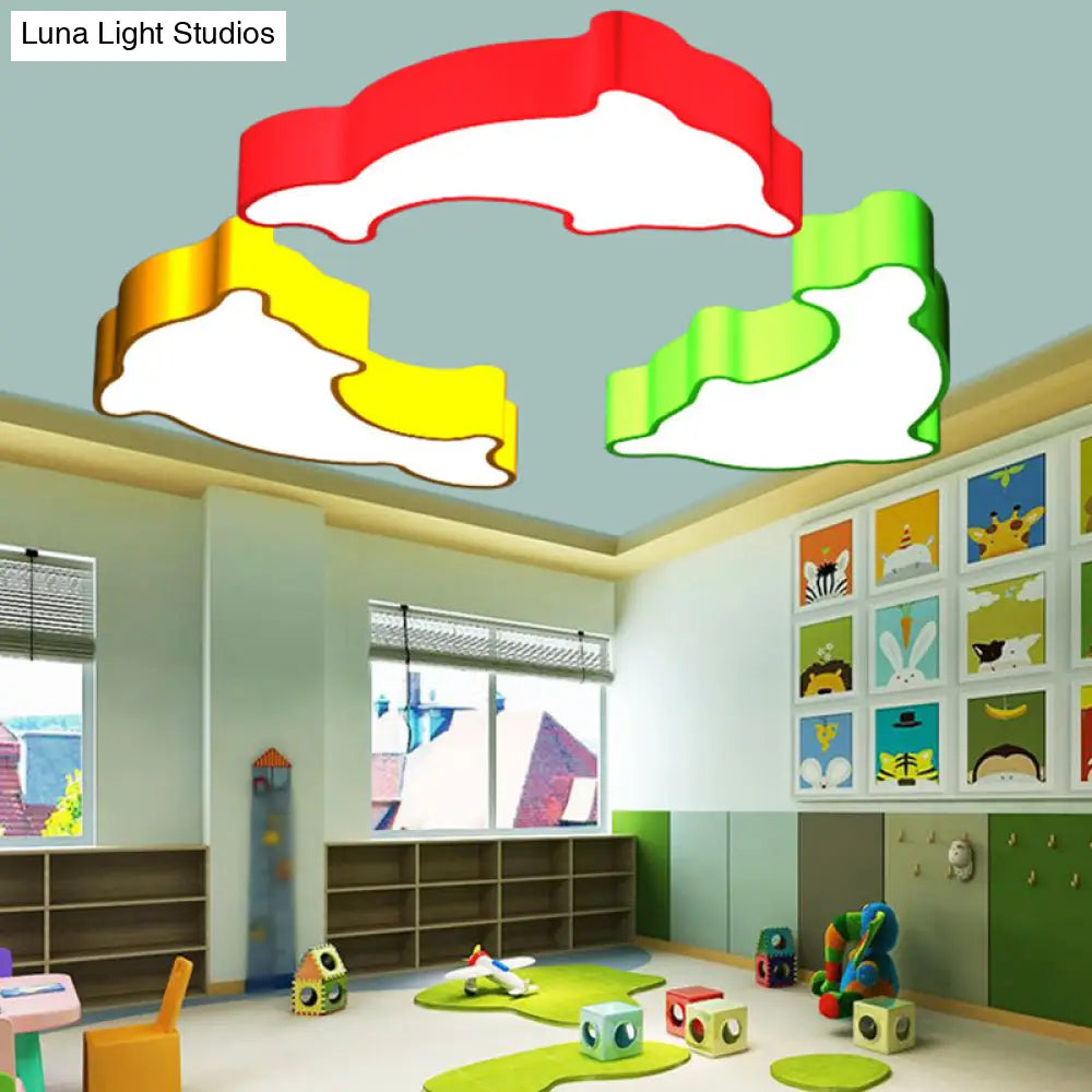 DecorBites™ DecorBites™ Ocean-Inspired Dolphin LED Nursery Ceiling Lamp Acrylic Cartoon Flush Mount Light Fixture in Red, Yellow, or Blue with 19.5" or 23.5" Width