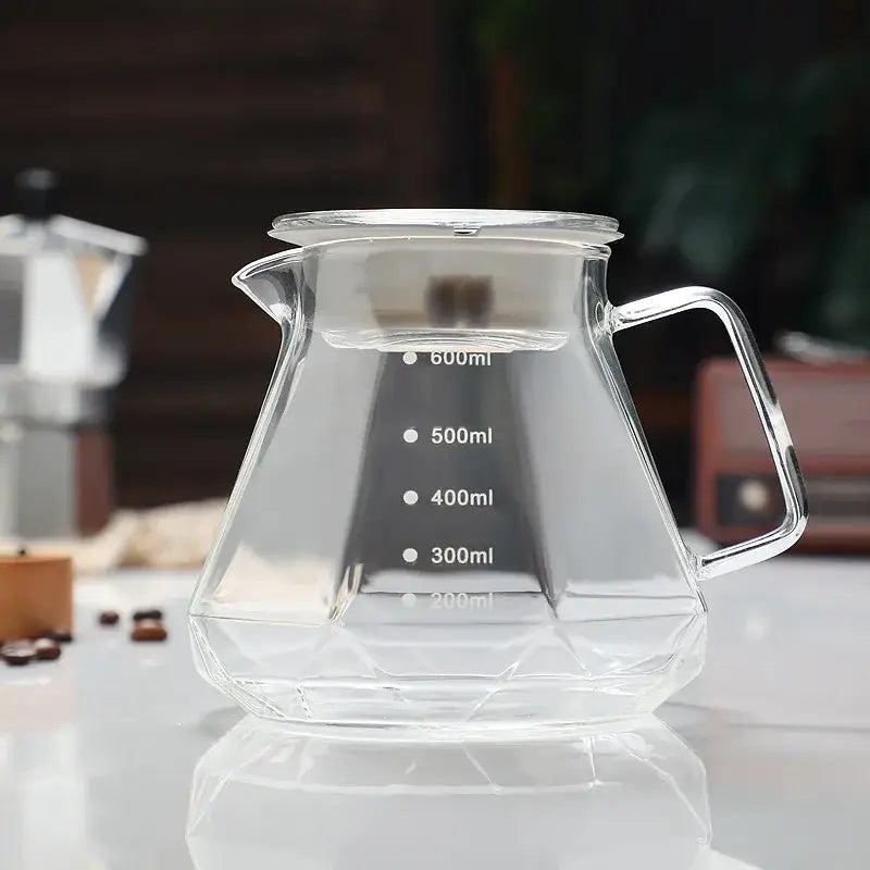 Clear faceted decorbites glass coffee kettle octagonal coffee kettle with volume measurements up to 600ml
