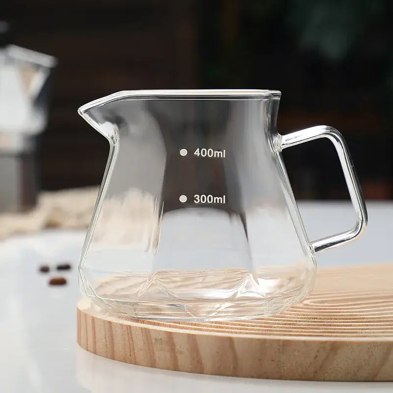 Clear faceted octagonal glass coffee kettle with silver-tone handle and 300ml 400ml markings for decorbites glass coffee