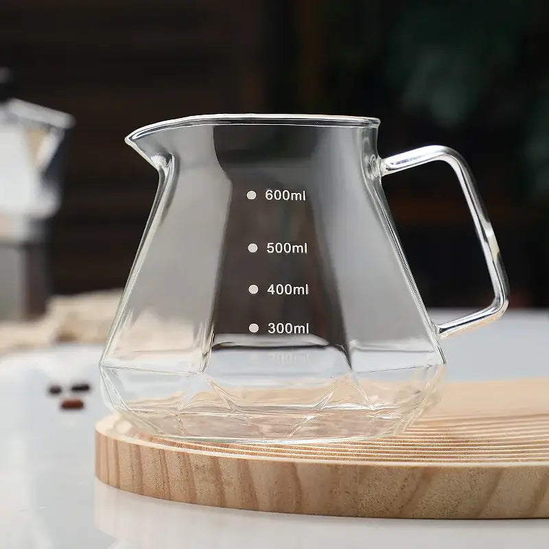 Clear glass coffee kettle octagonal with geometric facets and milliliter markings from 300ml to 600ml decorbites glass coffee
