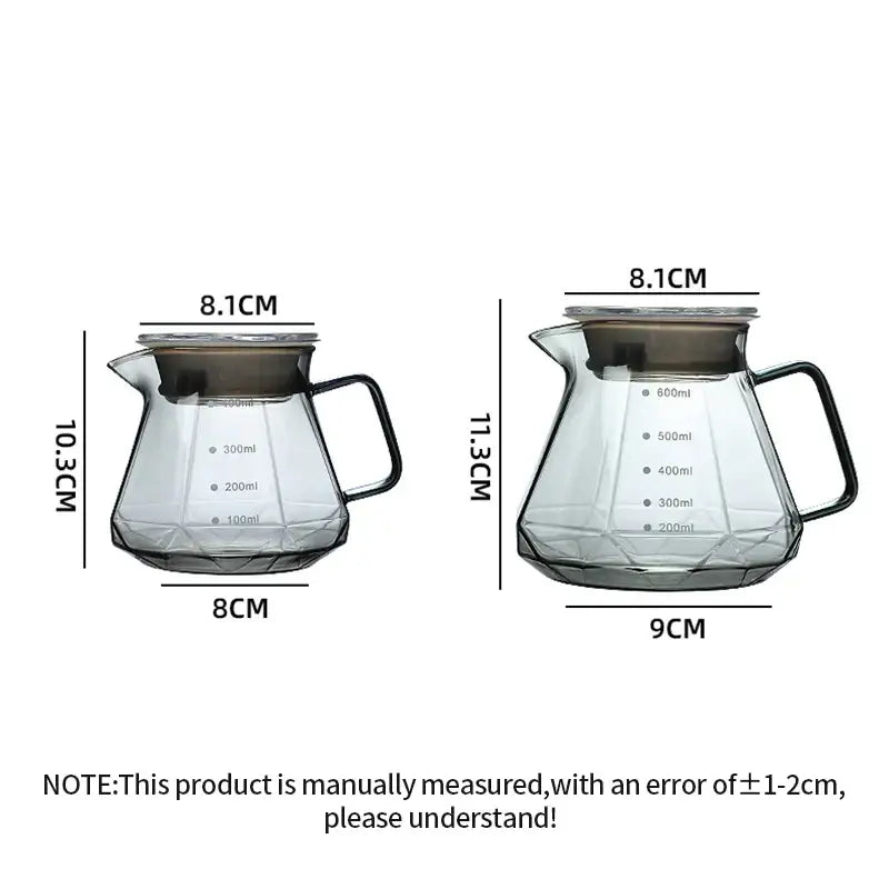 Two clear glass coffee kettle octagonal carafes with black handles and measurement markings for decorbites glass coffee