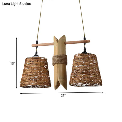 Odile - Farmhouse Rope Barrel Chandelier: Beige Pendant Lamp with Bamboo Panel