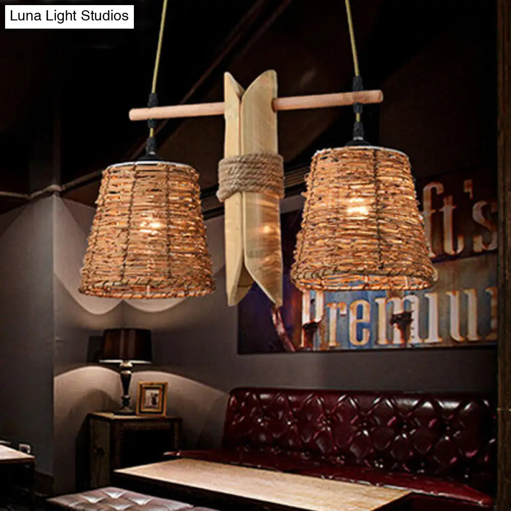 Odile - Farmhouse Rope Barrel Chandelier: Beige Pendant Lamp with Bamboo Panel