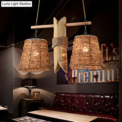 Odile - Farmhouse Rope Barrel Chandelier: Beige Pendant Lamp with Bamboo Panel