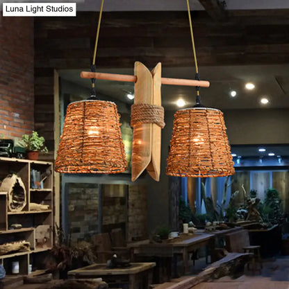 Odile - Farmhouse Rope Barrel Chandelier: Beige Pendant Lamp with Bamboo Panel