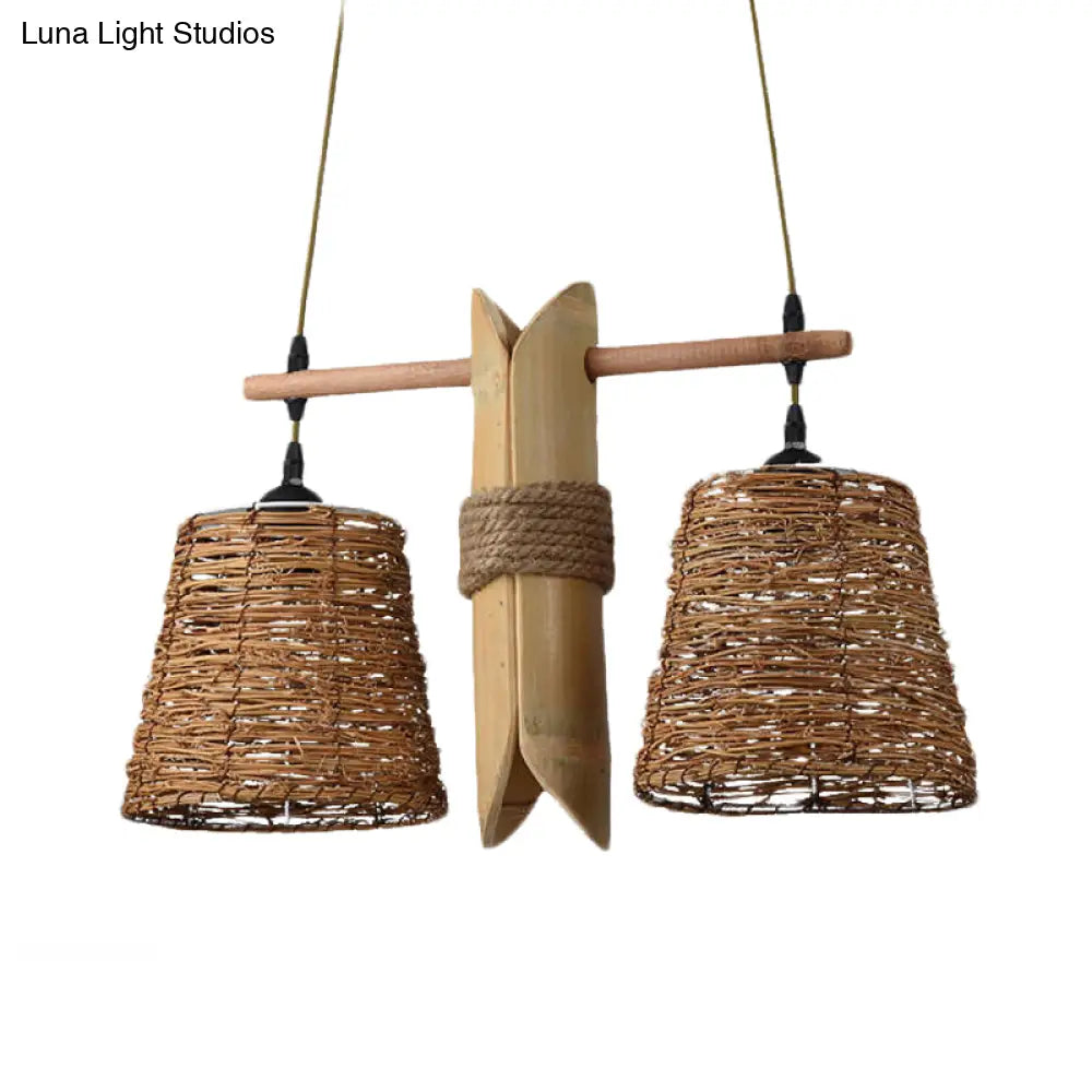 Odile - Farmhouse Rope Barrel Chandelier: Beige Pendant Lamp with Bamboo Panel