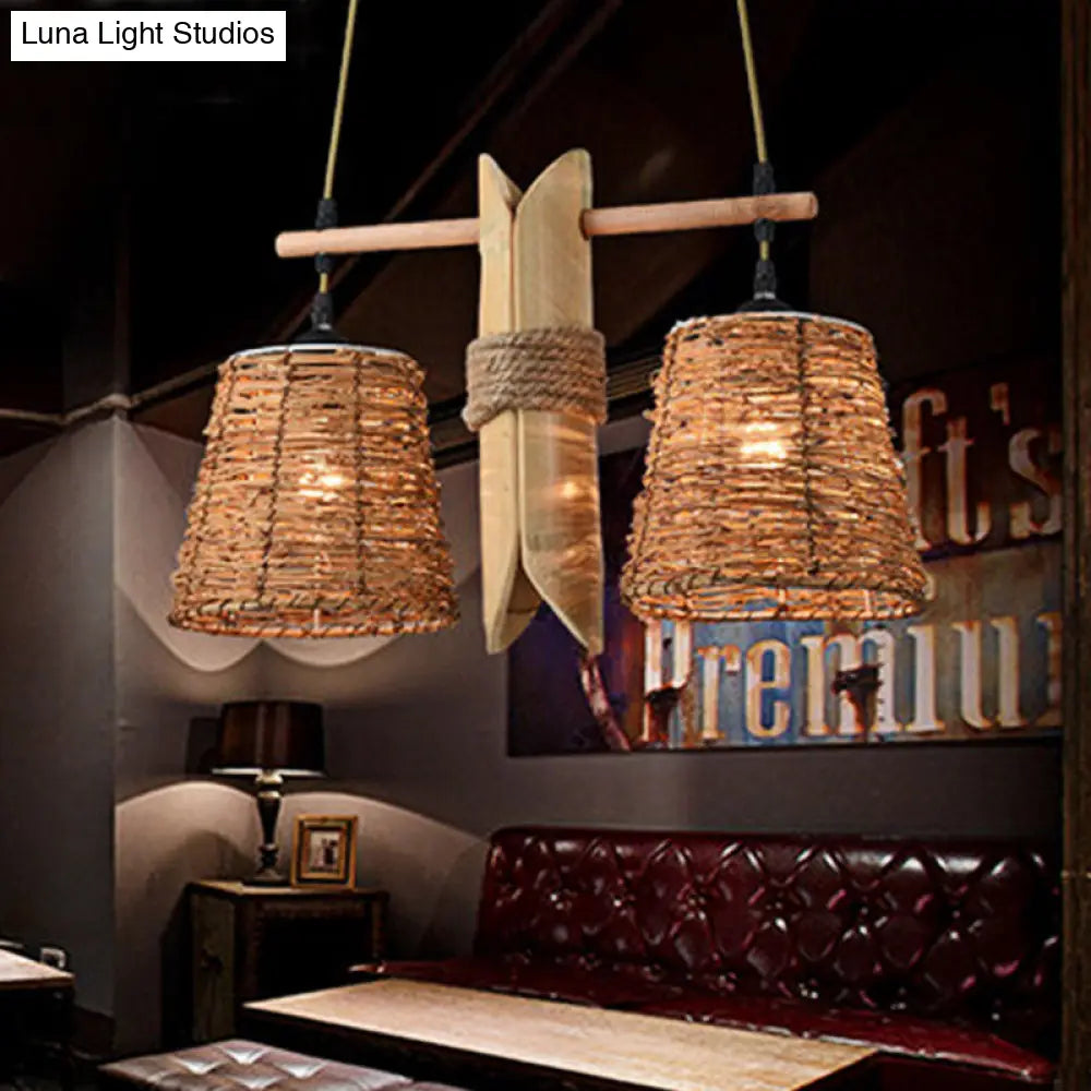 Odile - Farmhouse Rope Barrel Chandelier: Beige Pendant Lamp with Bamboo Panel